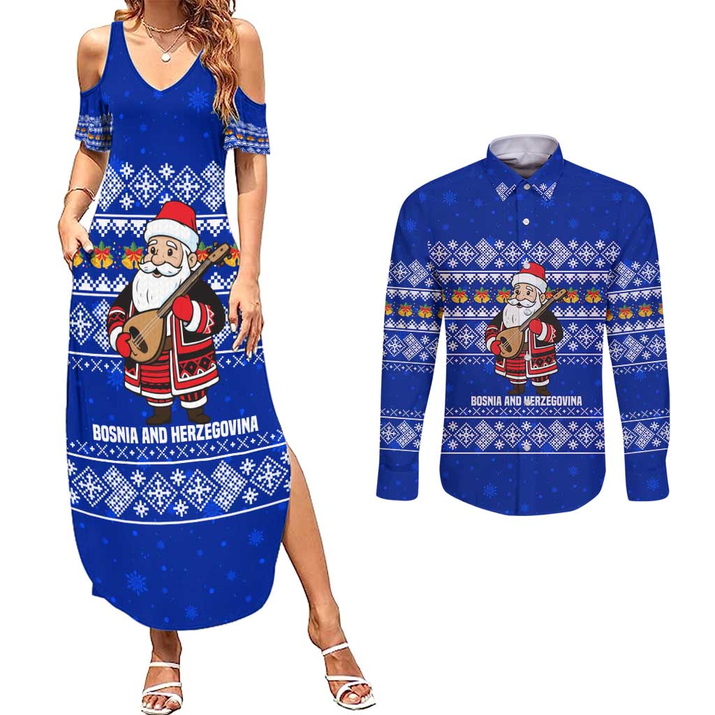 Bosnia and Herzegovina Christmas Couples Matching Summer Maxi Dress and Long Sleeve Button Shirt with Santa Playing Traditional Instrument and Blue Snowflake Pattern - Wonder Print Shop