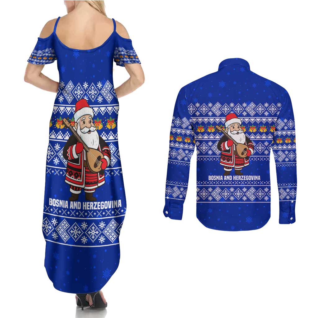 Bosnia and Herzegovina Christmas Couples Matching Summer Maxi Dress and Long Sleeve Button Shirt with Santa Playing Traditional Instrument and Blue Snowflake Pattern - Wonder Print Shop