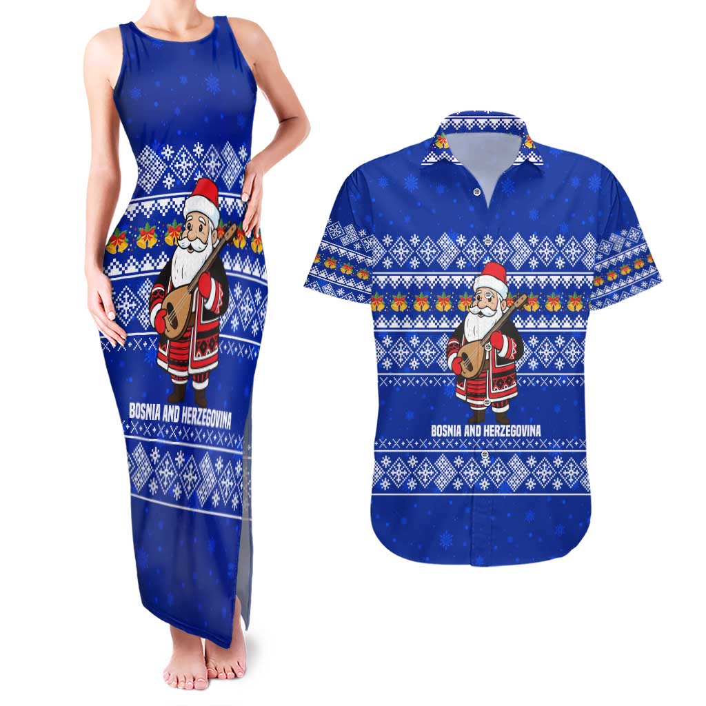 Bosnia and Herzegovina Christmas Couples Matching Tank Maxi Dress and Hawaiian Shirt with Santa Playing Traditional Instrument and Blue Snowflake Pattern - Wonder Print Shop