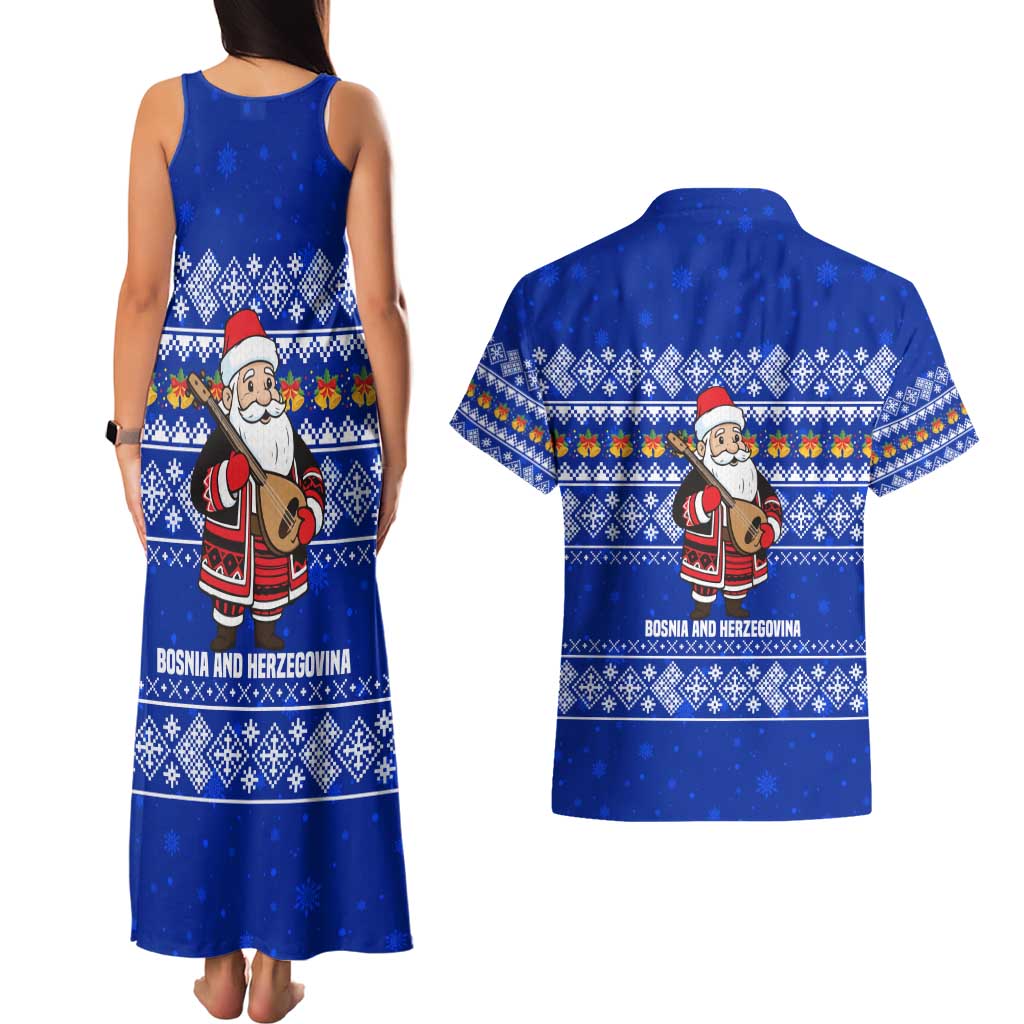Bosnia and Herzegovina Christmas Couples Matching Tank Maxi Dress and Hawaiian Shirt with Santa Playing Traditional Instrument and Blue Snowflake Pattern - Wonder Print Shop