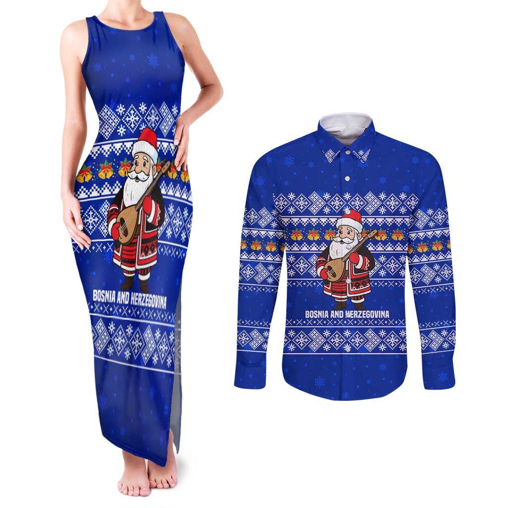 Bosnia and Herzegovina Christmas Couples Matching Tank Maxi Dress and Long Sleeve Button Shirt with Santa Playing Traditional Instrument and Blue Snowflake Pattern - Wonder Print Shop