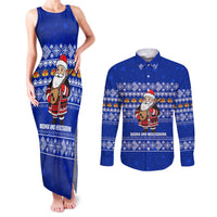 Bosnia and Herzegovina Christmas Couples Matching Tank Maxi Dress and Long Sleeve Button Shirt with Santa Playing Traditional Instrument and Blue Snowflake Pattern - Wonder Print Shop