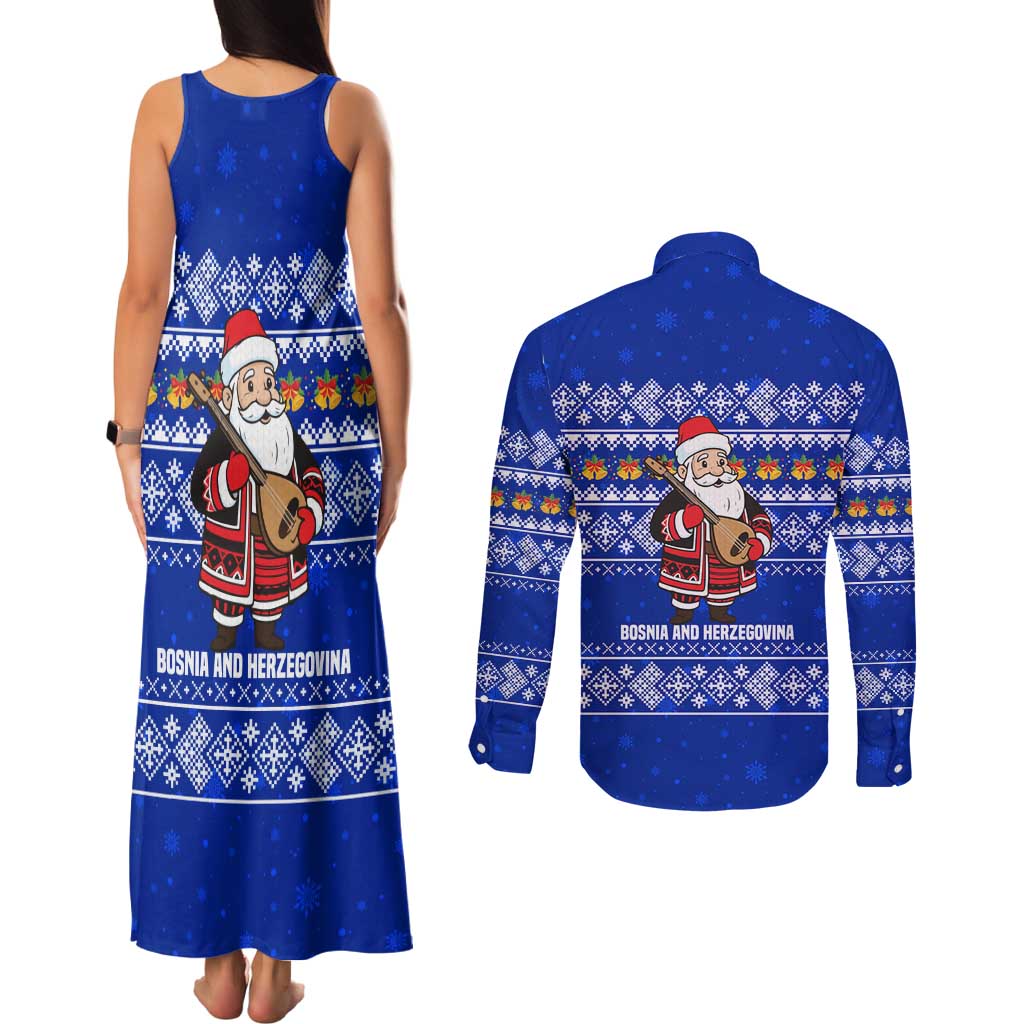 Bosnia and Herzegovina Christmas Couples Matching Tank Maxi Dress and Long Sleeve Button Shirt with Santa Playing Traditional Instrument and Blue Snowflake Pattern - Wonder Print Shop