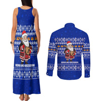 Bosnia and Herzegovina Christmas Couples Matching Tank Maxi Dress and Long Sleeve Button Shirt with Santa Playing Traditional Instrument and Blue Snowflake Pattern - Wonder Print Shop