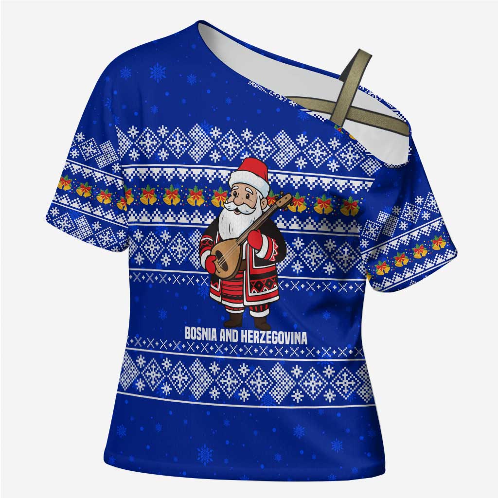 Bosnia and Herzegovina Christmas Cross Shoulder Shirt with Santa Playing Traditional Instrument and Blue Snowflake Pattern - Wonder Print Shop