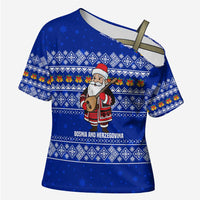Bosnia and Herzegovina Christmas Cross Shoulder Shirt with Santa Playing Traditional Instrument and Blue Snowflake Pattern - Wonder Print Shop