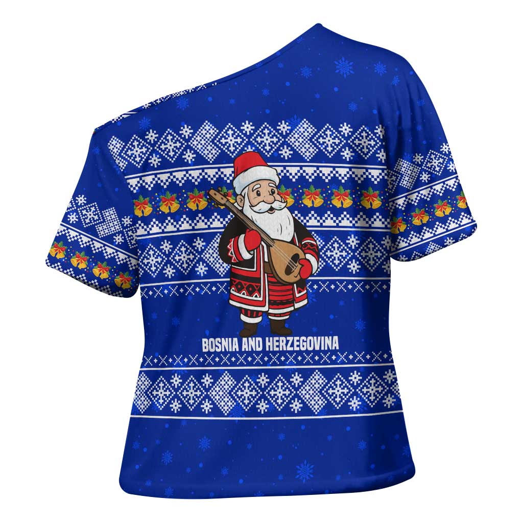 Bosnia and Herzegovina Christmas Cross Shoulder Shirt with Santa Playing Traditional Instrument and Blue Snowflake Pattern - Wonder Print Shop