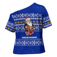Bosnia and Herzegovina Christmas Cross Shoulder Shirt with Santa Playing Traditional Instrument and Blue Snowflake Pattern - Wonder Print Shop