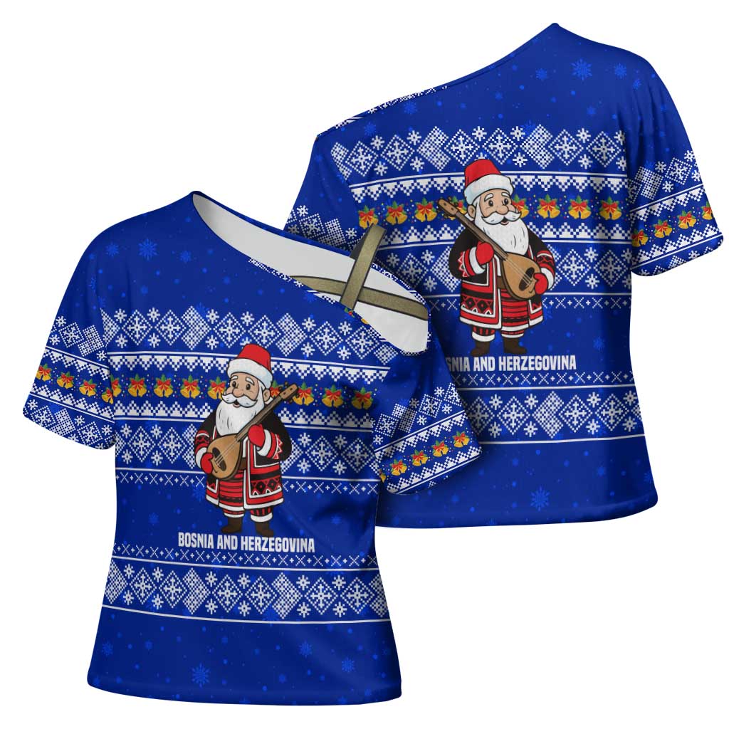 Bosnia and Herzegovina Christmas Cross Shoulder Shirt with Santa Playing Traditional Instrument and Blue Snowflake Pattern - Wonder Print Shop