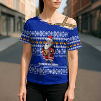 Bosnia and Herzegovina Christmas Cross Shoulder Shirt with Santa Playing Traditional Instrument and Blue Snowflake Pattern - Wonder Print Shop