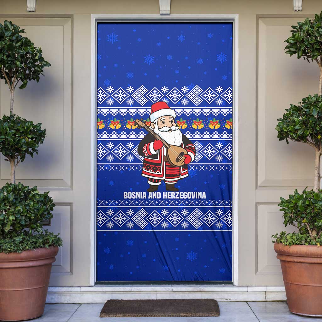 Bosnia and Herzegovina Christmas Door Cover with Santa Playing Traditional Instrument and Blue Snowflake Pattern - Wonder Print Shop
