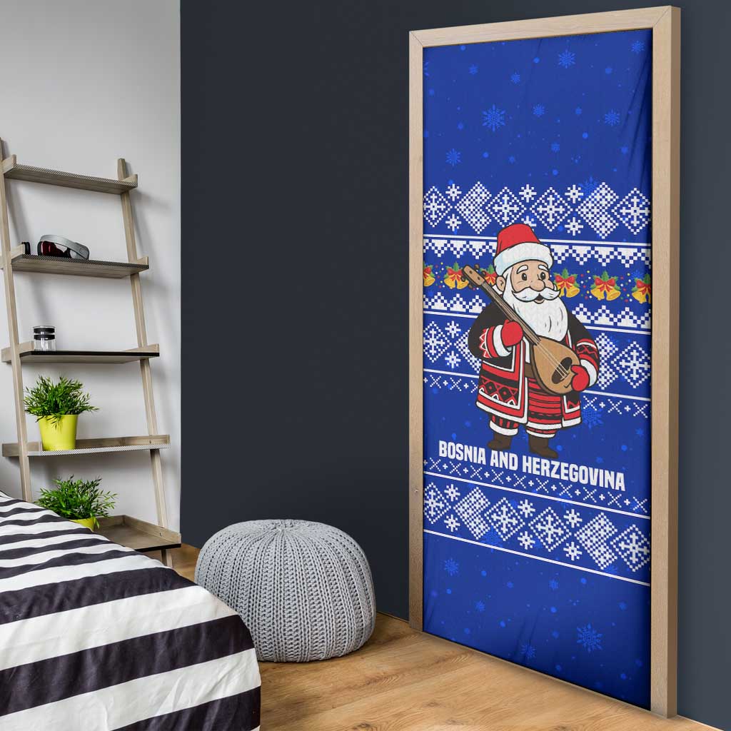 Bosnia and Herzegovina Christmas Door Cover with Santa Playing Traditional Instrument and Blue Snowflake Pattern - Wonder Print Shop