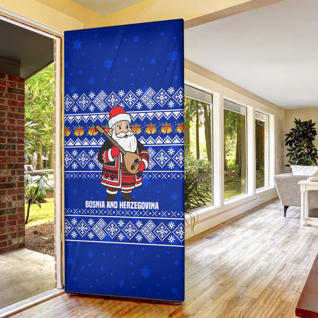 Bosnia and Herzegovina Christmas Door Cover with Santa Playing Traditional Instrument and Blue Snowflake Pattern - Wonder Print Shop