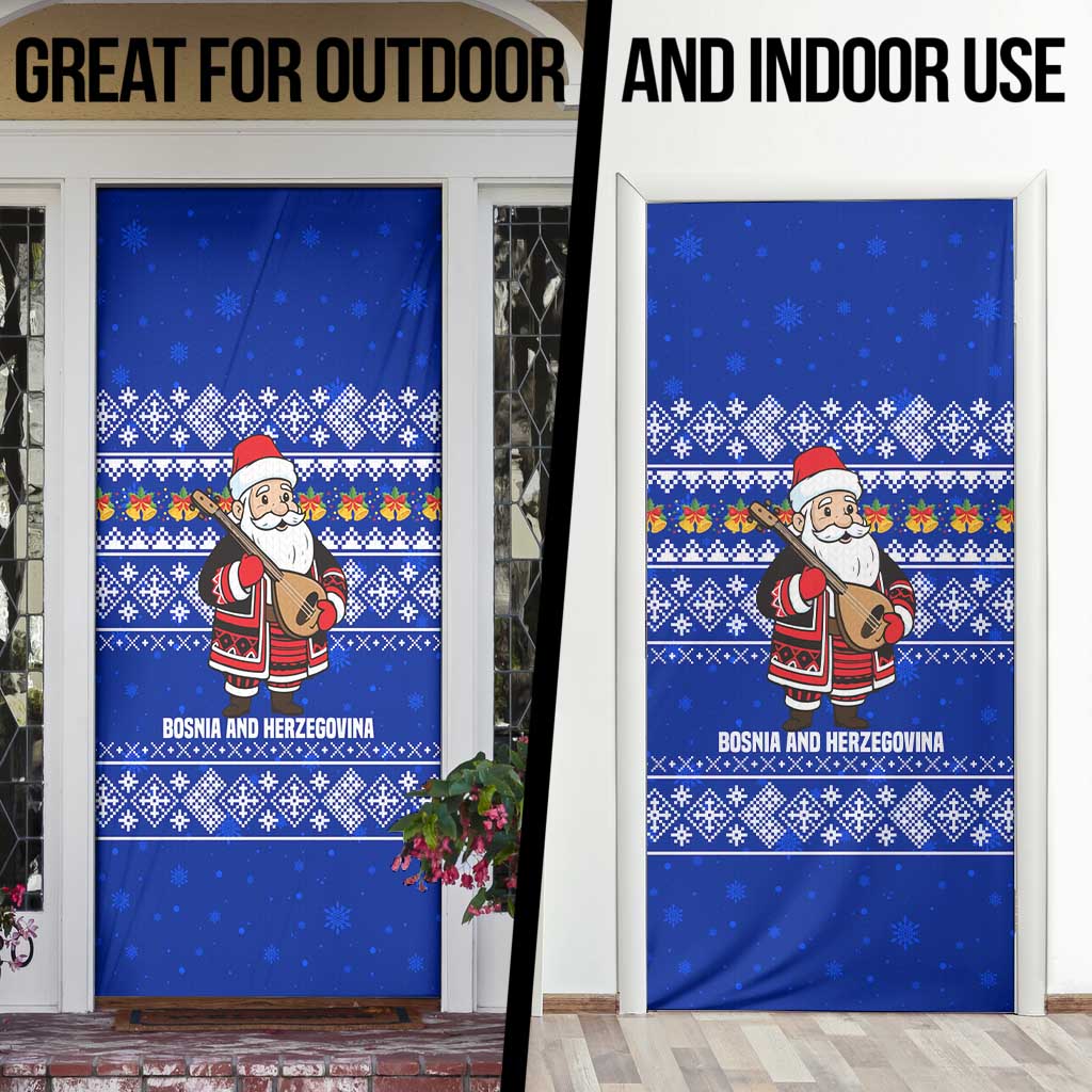 Bosnia and Herzegovina Christmas Door Cover with Santa Playing Traditional Instrument and Blue Snowflake Pattern - Wonder Print Shop