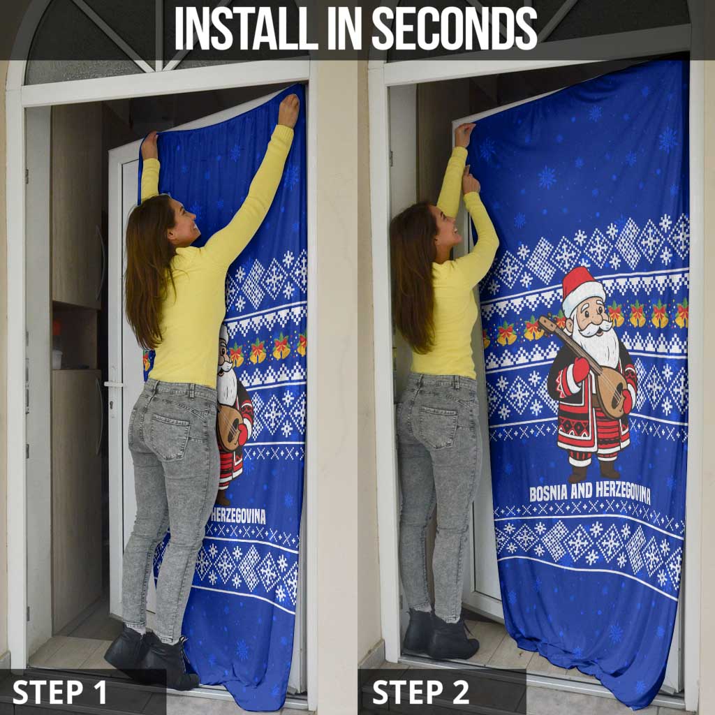 Bosnia and Herzegovina Christmas Door Cover with Santa Playing Traditional Instrument and Blue Snowflake Pattern - Wonder Print Shop