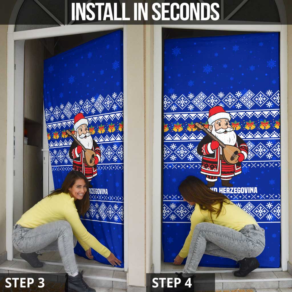 Bosnia and Herzegovina Christmas Door Cover with Santa Playing Traditional Instrument and Blue Snowflake Pattern - Wonder Print Shop