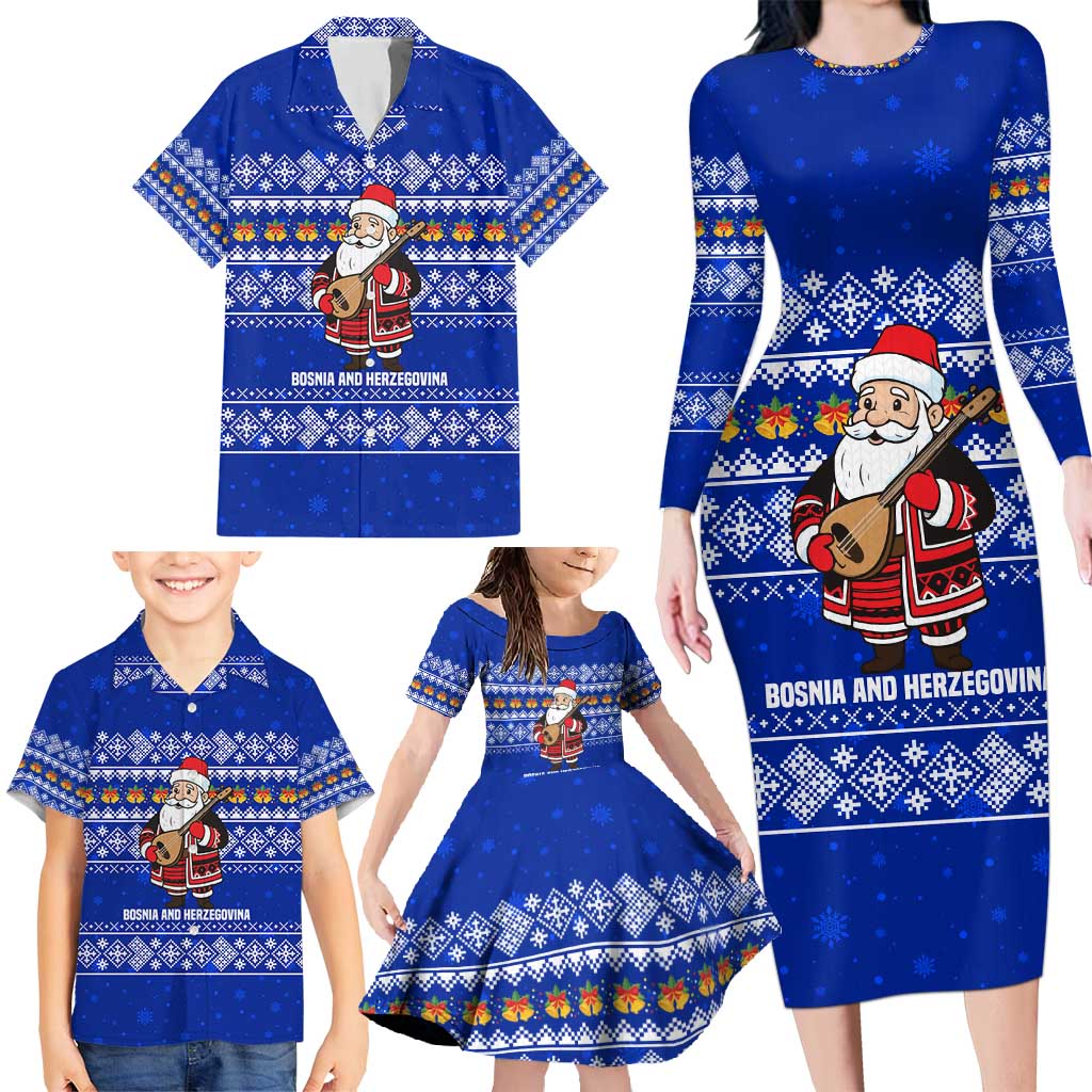 Bosnia and Herzegovina Christmas Family Matching Long Sleeve Bodycon Dress and Hawaiian Shirt with Santa Playing Traditional Instrument and Blue Snowflake Pattern - Wonder Print Shop