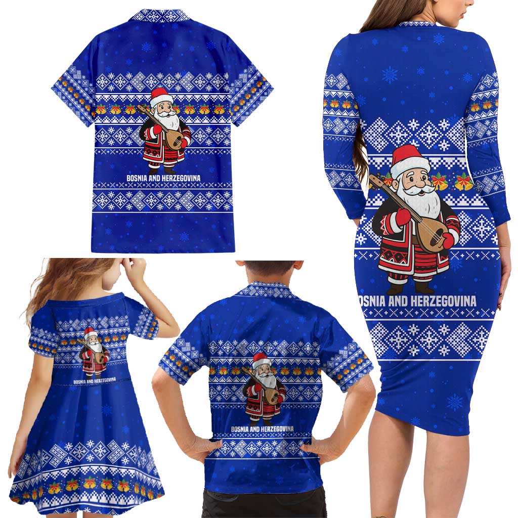 Bosnia and Herzegovina Christmas Family Matching Long Sleeve Bodycon Dress and Hawaiian Shirt with Santa Playing Traditional Instrument and Blue Snowflake Pattern - Wonder Print Shop
