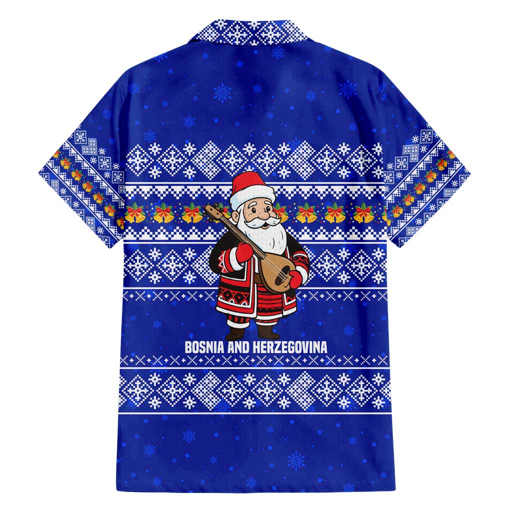 Bosnia and Herzegovina Christmas Family Matching Long Sleeve Bodycon Dress and Hawaiian Shirt with Santa Playing Traditional Instrument and Blue Snowflake Pattern - Wonder Print Shop