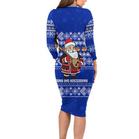 Bosnia and Herzegovina Christmas Family Matching Long Sleeve Bodycon Dress and Hawaiian Shirt with Santa Playing Traditional Instrument and Blue Snowflake Pattern - Wonder Print Shop