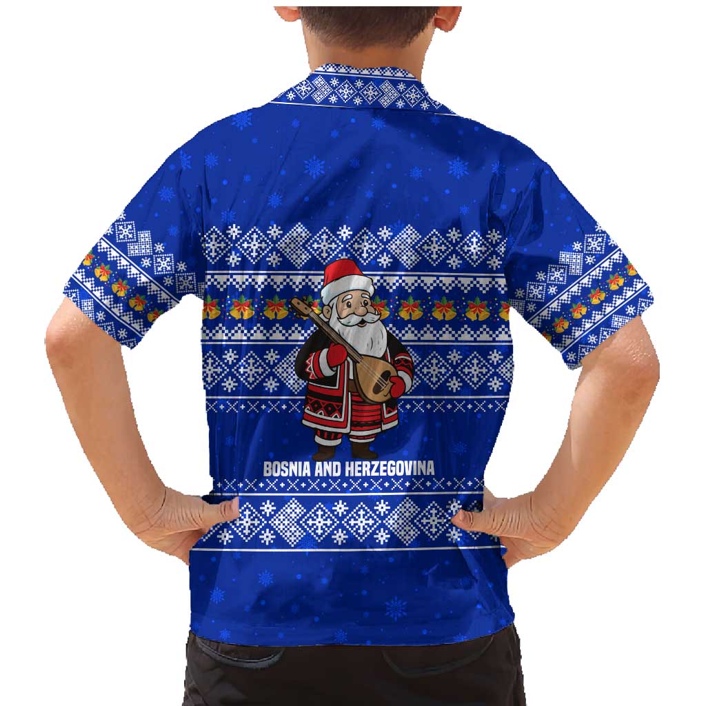 Bosnia and Herzegovina Christmas Family Matching Mermaid Dress and Hawaiian Shirt with Santa Playing Traditional Instrument and Blue Snowflake Pattern - Wonder Print Shop