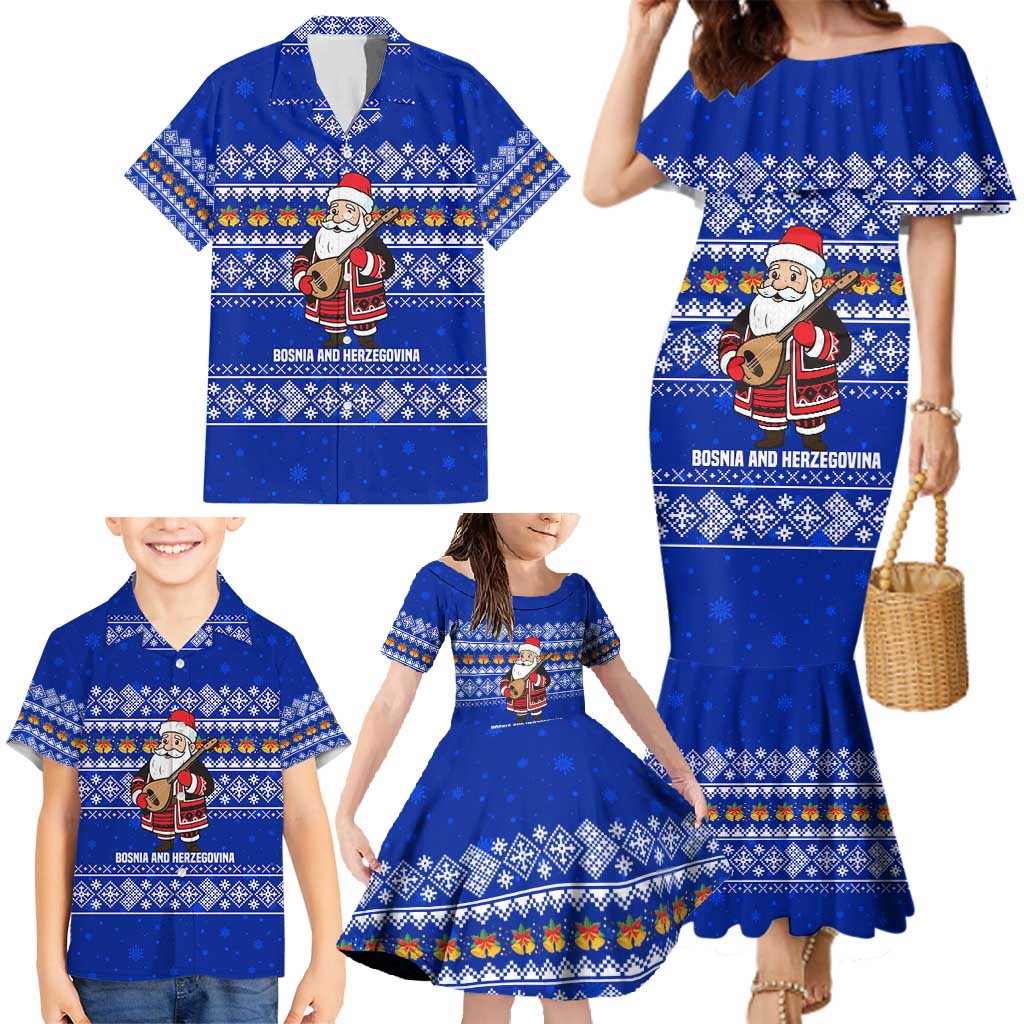 Bosnia and Herzegovina Christmas Family Matching Mermaid Dress and Hawaiian Shirt with Santa Playing Traditional Instrument and Blue Snowflake Pattern - Wonder Print Shop