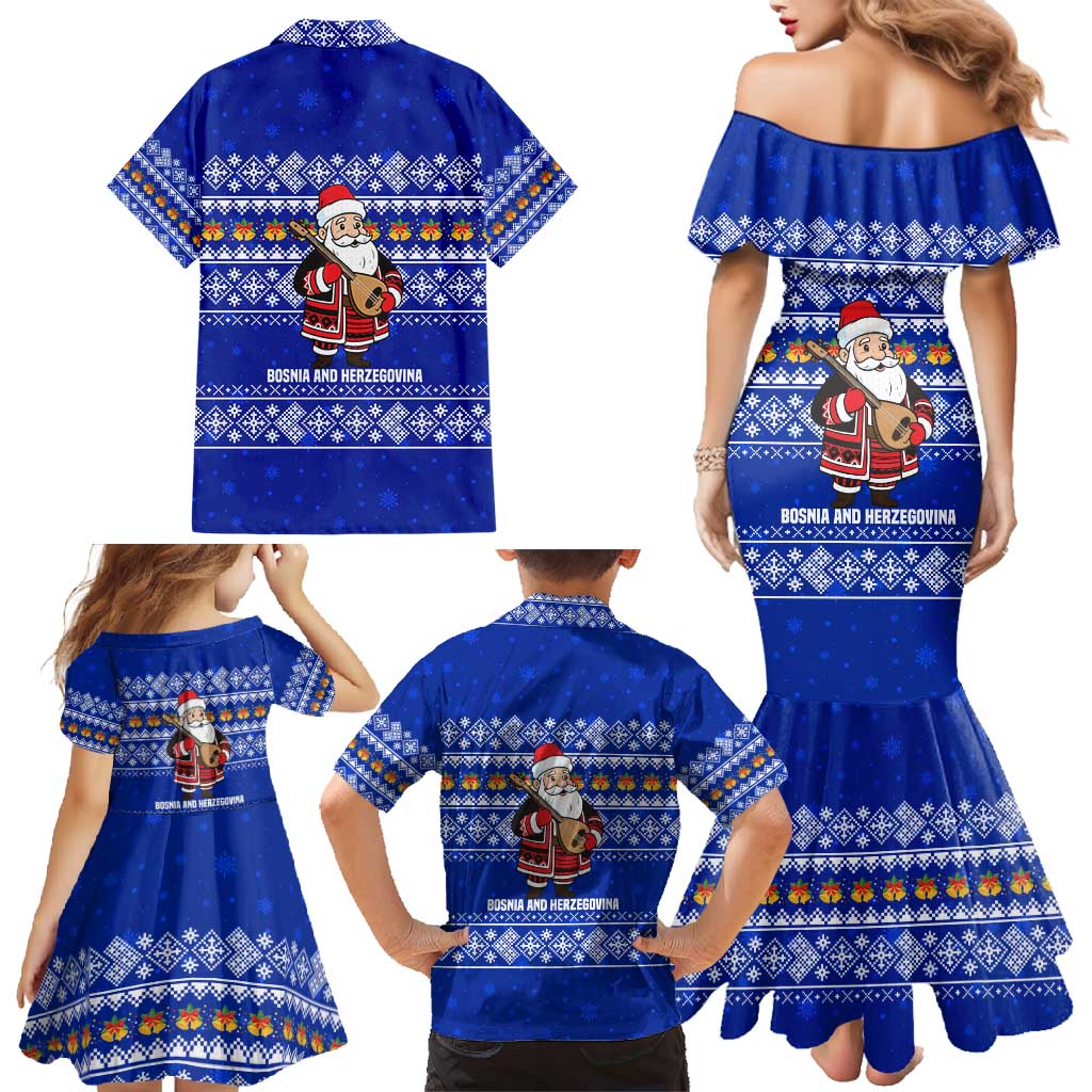 Bosnia and Herzegovina Christmas Family Matching Mermaid Dress and Hawaiian Shirt with Santa Playing Traditional Instrument and Blue Snowflake Pattern - Wonder Print Shop