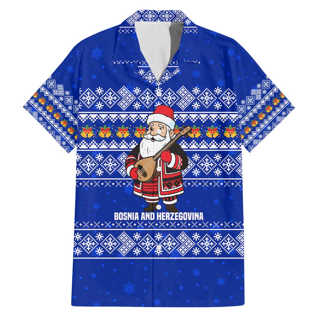 Bosnia and Herzegovina Christmas Family Matching Mermaid Dress and Hawaiian Shirt with Santa Playing Traditional Instrument and Blue Snowflake Pattern - Wonder Print Shop