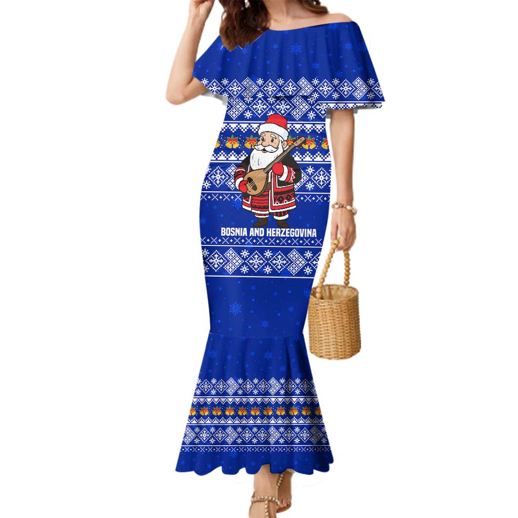 Bosnia and Herzegovina Christmas Family Matching Mermaid Dress and Hawaiian Shirt with Santa Playing Traditional Instrument and Blue Snowflake Pattern - Wonder Print Shop