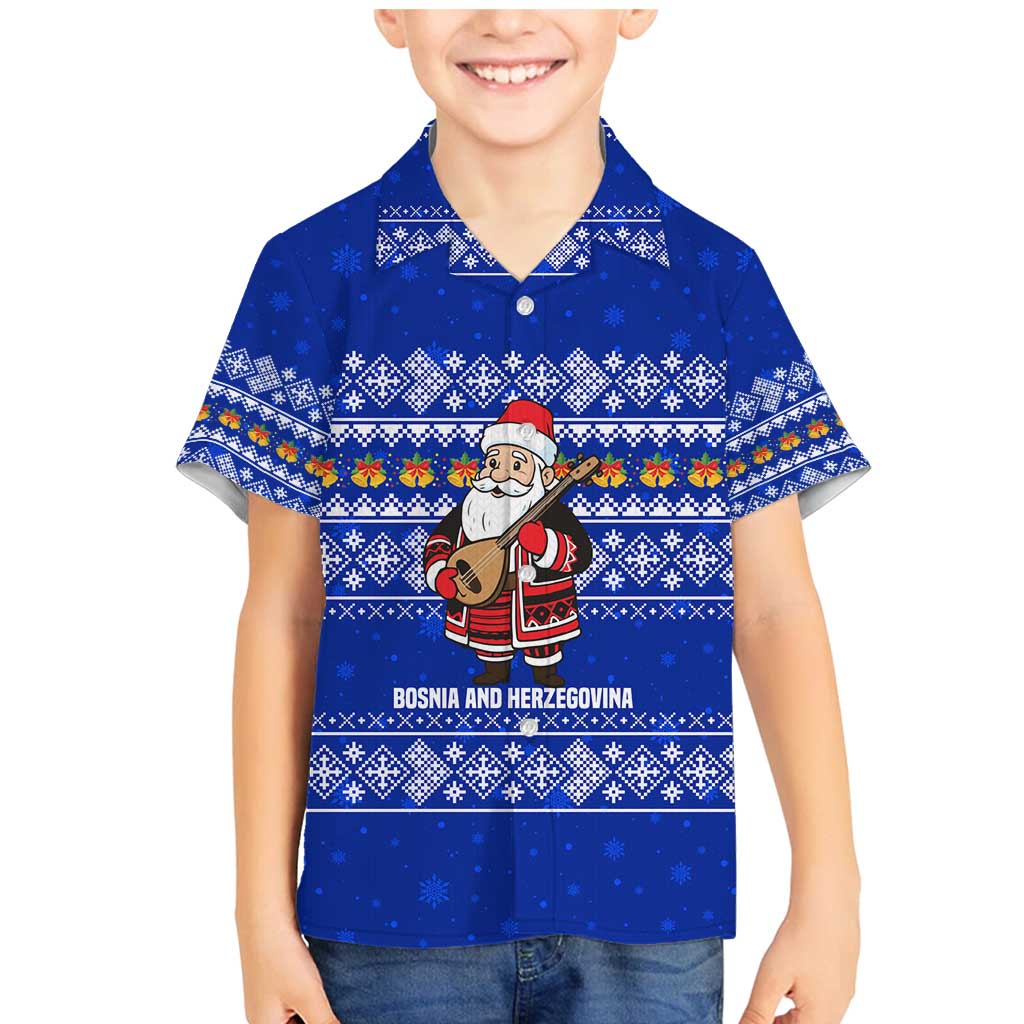 Bosnia and Herzegovina Christmas Family Matching Mermaid Dress and Hawaiian Shirt with Santa Playing Traditional Instrument and Blue Snowflake Pattern - Wonder Print Shop