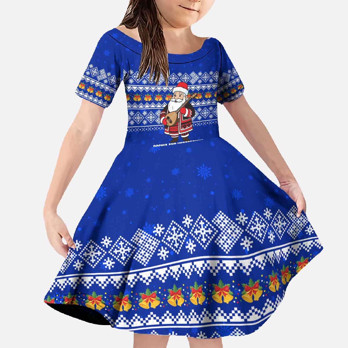 Bosnia and Herzegovina Christmas Family Matching Off The Shoulder Long Sleeve Dress and Hawaiian Shirt with Santa Playing Traditional Instrument and Blue Snowflake Pattern - Wonder Print Shop