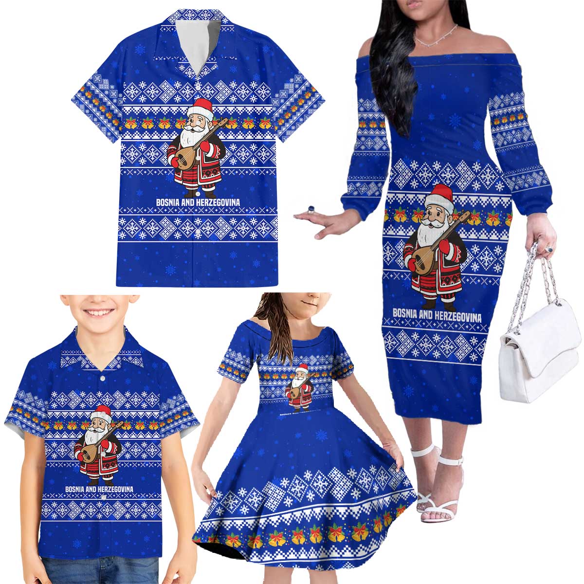 Bosnia and Herzegovina Christmas Family Matching Off The Shoulder Long Sleeve Dress and Hawaiian Shirt with Santa Playing Traditional Instrument and Blue Snowflake Pattern - Wonder Print Shop