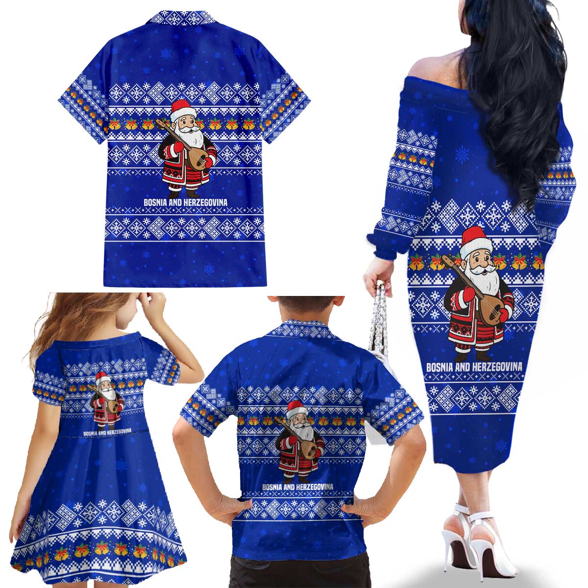 Bosnia and Herzegovina Christmas Family Matching Off The Shoulder Long Sleeve Dress and Hawaiian Shirt with Santa Playing Traditional Instrument and Blue Snowflake Pattern - Wonder Print Shop