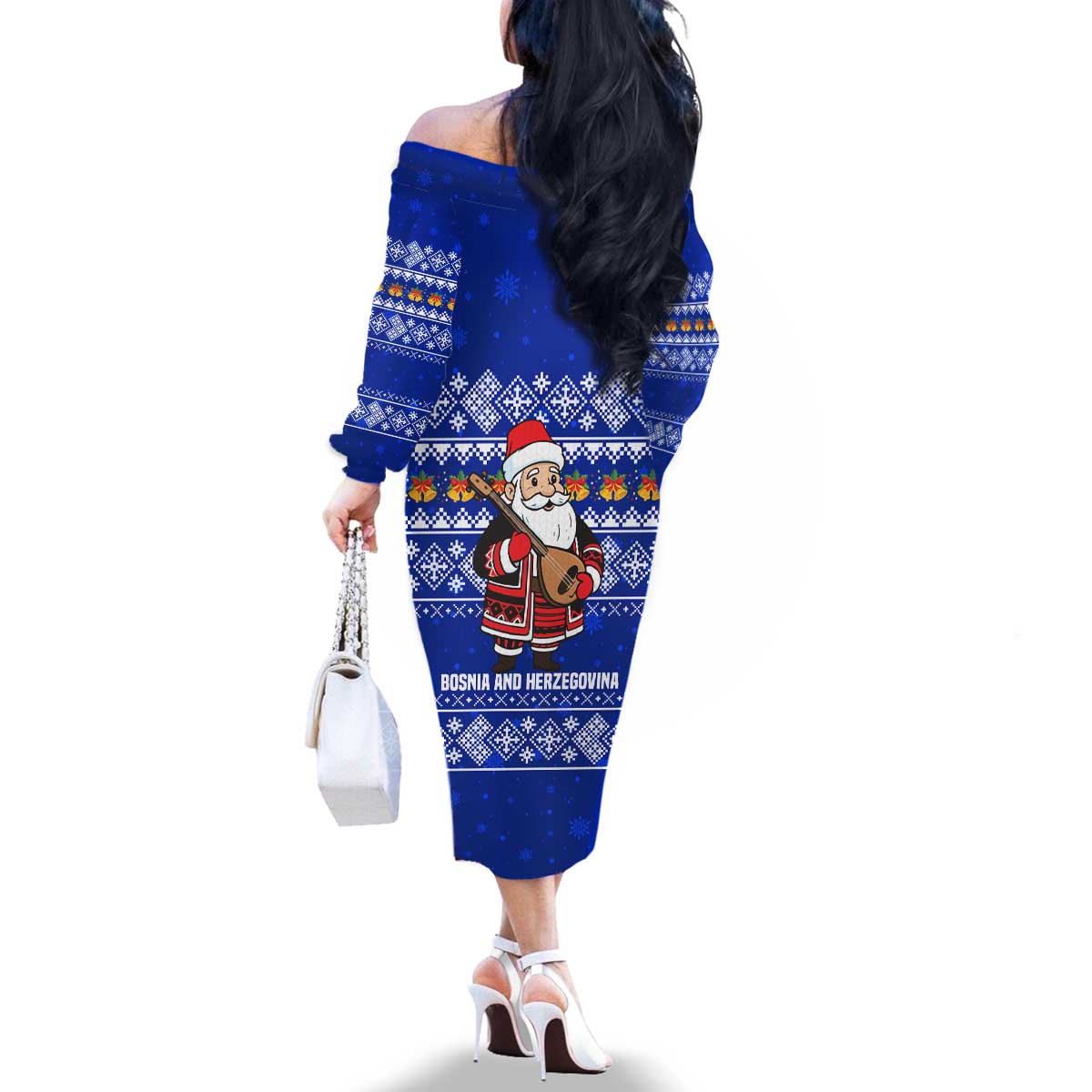 Bosnia and Herzegovina Christmas Family Matching Off The Shoulder Long Sleeve Dress and Hawaiian Shirt with Santa Playing Traditional Instrument and Blue Snowflake Pattern - Wonder Print Shop