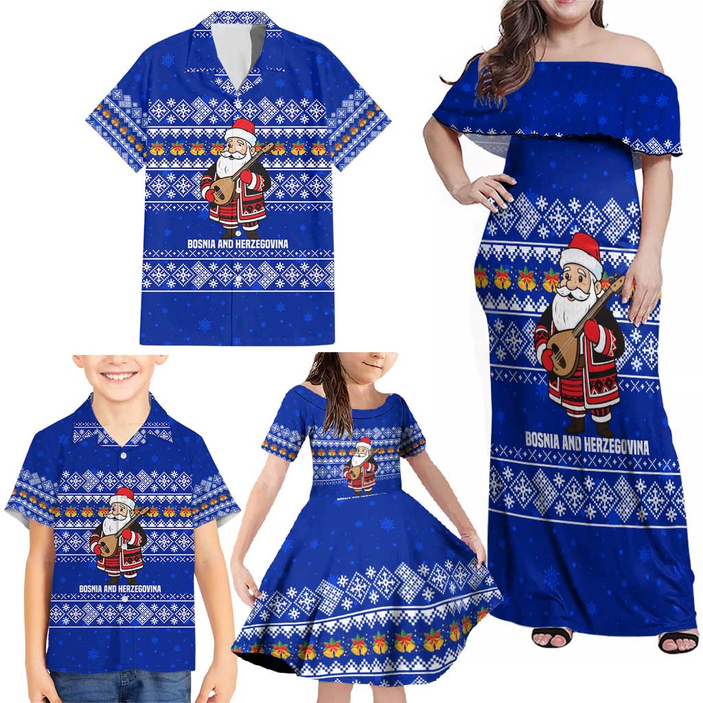 Bosnia and Herzegovina Christmas Family Matching Off Shoulder Maxi Dress and Hawaiian Shirt with Santa Playing Traditional Instrument and Blue Snowflake Pattern - Wonder Print Shop