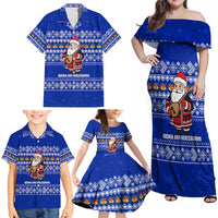 Bosnia and Herzegovina Christmas Family Matching Off Shoulder Maxi Dress and Hawaiian Shirt with Santa Playing Traditional Instrument and Blue Snowflake Pattern - Wonder Print Shop
