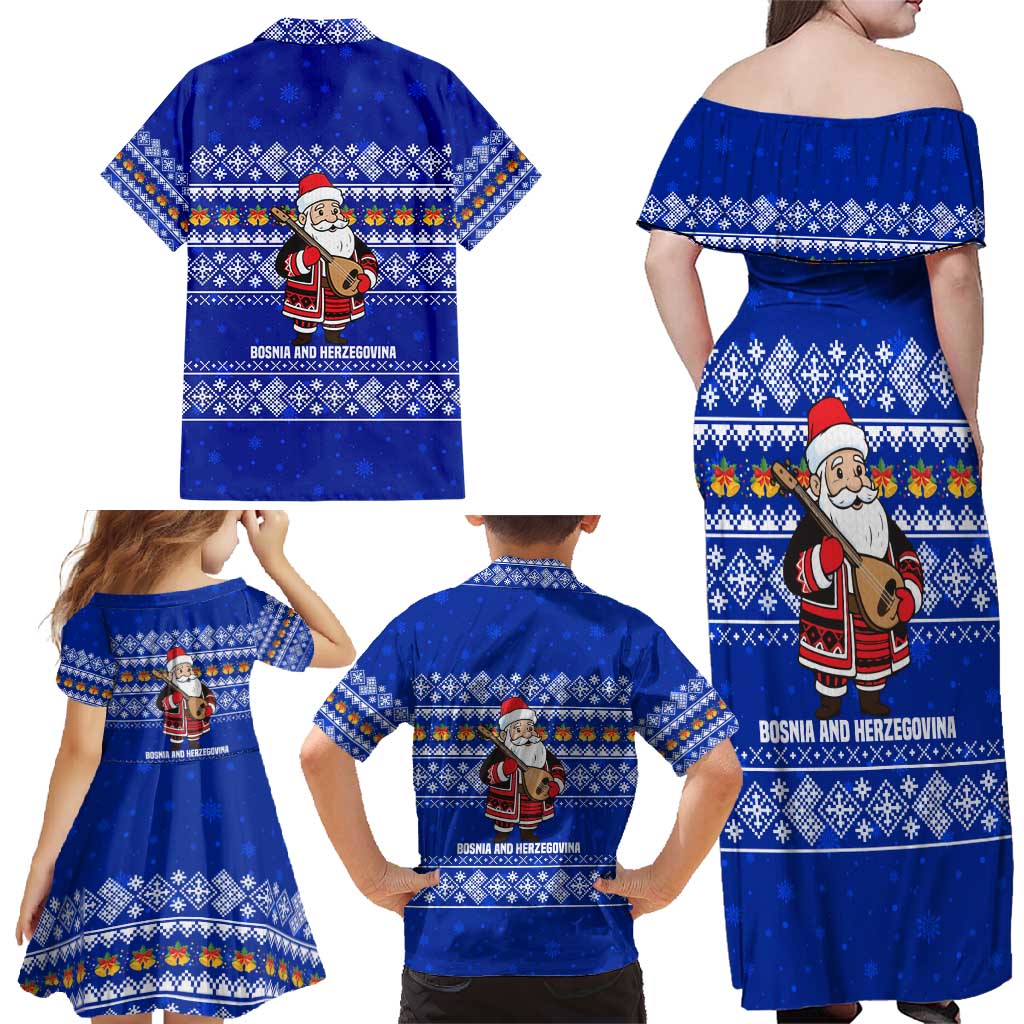 Bosnia and Herzegovina Christmas Family Matching Off Shoulder Maxi Dress and Hawaiian Shirt with Santa Playing Traditional Instrument and Blue Snowflake Pattern - Wonder Print Shop
