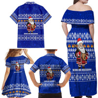 Bosnia and Herzegovina Christmas Family Matching Off Shoulder Maxi Dress and Hawaiian Shirt with Santa Playing Traditional Instrument and Blue Snowflake Pattern - Wonder Print Shop