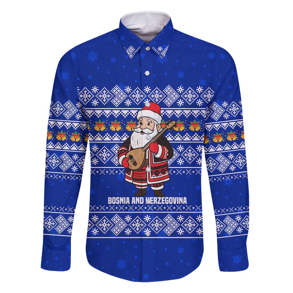 Bosnia and Herzegovina Christmas Family Matching Off Shoulder Maxi Dress and Hawaiian Shirt with Santa Playing Traditional Instrument and Blue Snowflake Pattern - Wonder Print Shop