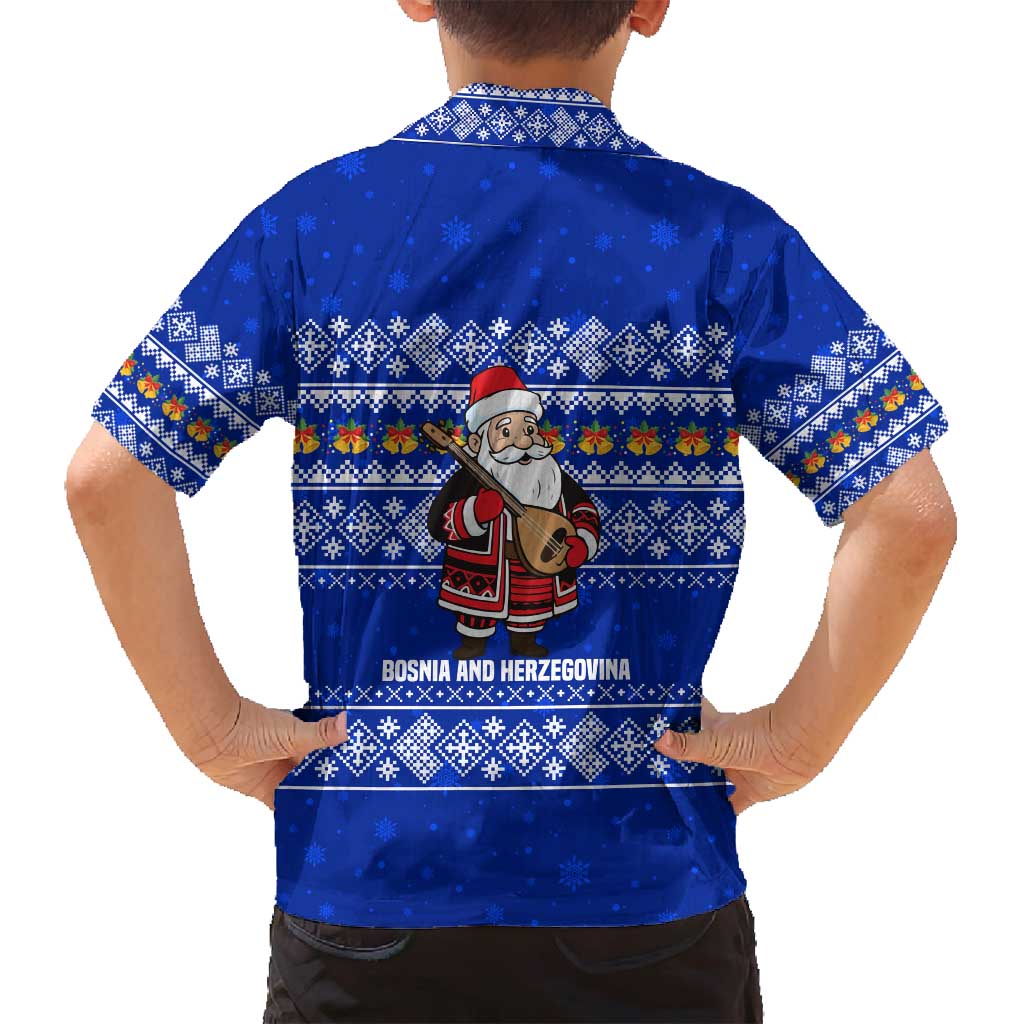 Bosnia and Herzegovina Christmas Family Matching Off Shoulder Short Dress and Hawaiian Shirt with Santa Playing Traditional Instrument and Blue Snowflake Pattern - Wonder Print Shop