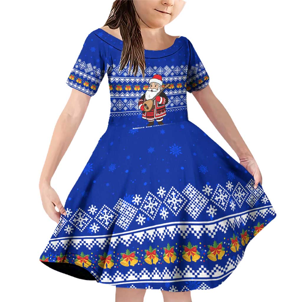 Bosnia and Herzegovina Christmas Family Matching Off Shoulder Short Dress and Hawaiian Shirt with Santa Playing Traditional Instrument and Blue Snowflake Pattern - Wonder Print Shop