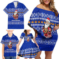 Bosnia and Herzegovina Christmas Family Matching Off Shoulder Short Dress and Hawaiian Shirt with Santa Playing Traditional Instrument and Blue Snowflake Pattern - Wonder Print Shop