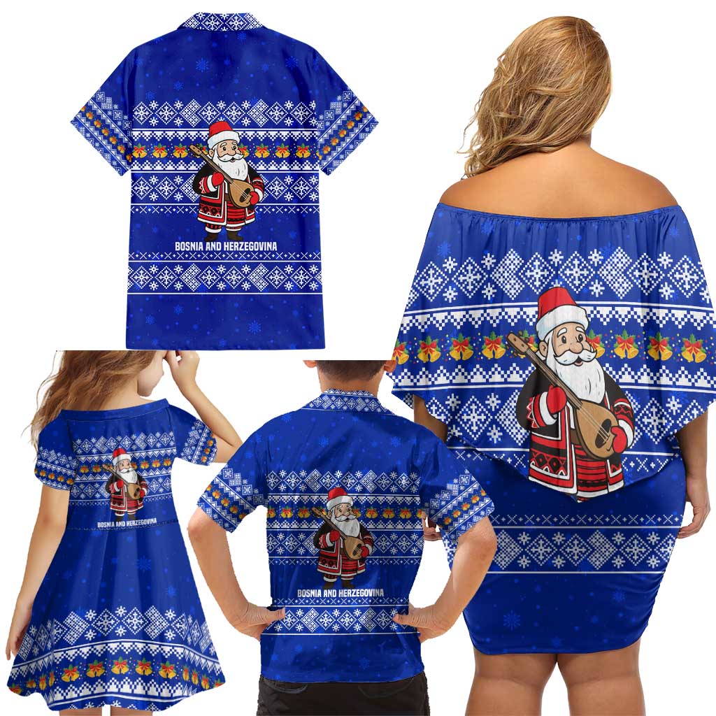 Bosnia and Herzegovina Christmas Family Matching Off Shoulder Short Dress and Hawaiian Shirt with Santa Playing Traditional Instrument and Blue Snowflake Pattern - Wonder Print Shop