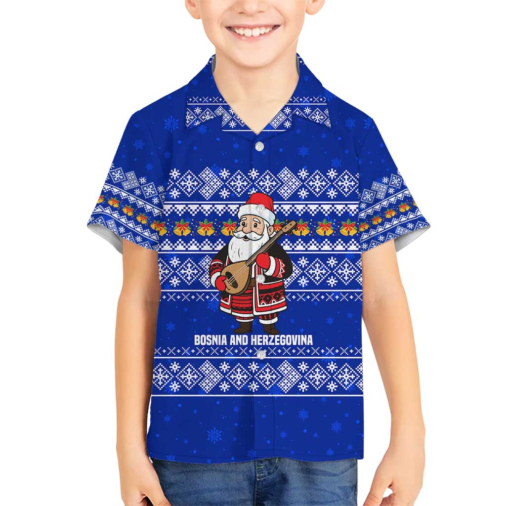 Bosnia and Herzegovina Christmas Family Matching Off Shoulder Short Dress and Hawaiian Shirt with Santa Playing Traditional Instrument and Blue Snowflake Pattern - Wonder Print Shop