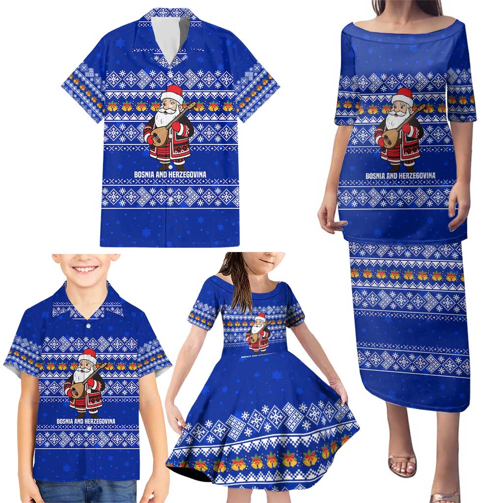 Bosnia and Herzegovina Christmas Family Matching Puletasi and Hawaiian Shirt with Santa Playing Traditional Instrument and Blue Snowflake Pattern - Wonder Print Shop