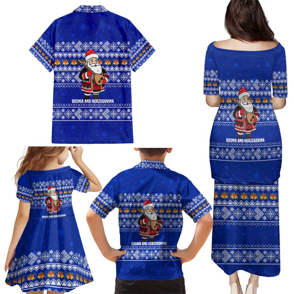 Bosnia and Herzegovina Christmas Family Matching Puletasi and Hawaiian Shirt with Santa Playing Traditional Instrument and Blue Snowflake Pattern - Wonder Print Shop