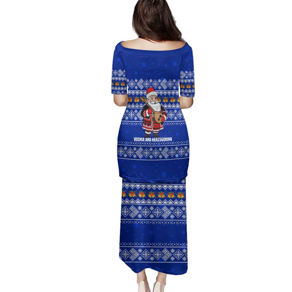 Bosnia and Herzegovina Christmas Family Matching Puletasi and Hawaiian Shirt with Santa Playing Traditional Instrument and Blue Snowflake Pattern - Wonder Print Shop
