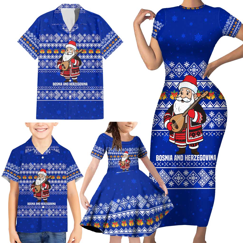 Bosnia and Herzegovina Christmas Family Matching Short Sleeve Bodycon Dress and Hawaiian Shirt with Santa Playing Traditional Instrument and Blue Snowflake Pattern - Wonder Print Shop