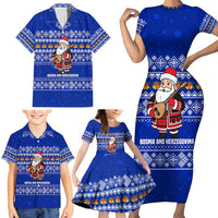 Bosnia and Herzegovina Christmas Family Matching Short Sleeve Bodycon Dress and Hawaiian Shirt with Santa Playing Traditional Instrument and Blue Snowflake Pattern - Wonder Print Shop
