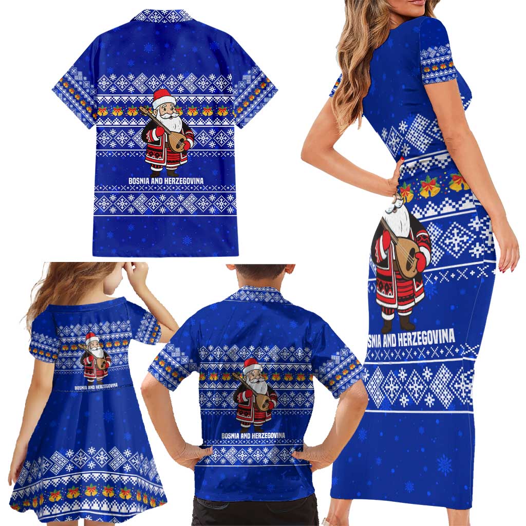 Bosnia and Herzegovina Christmas Family Matching Short Sleeve Bodycon Dress and Hawaiian Shirt with Santa Playing Traditional Instrument and Blue Snowflake Pattern - Wonder Print Shop